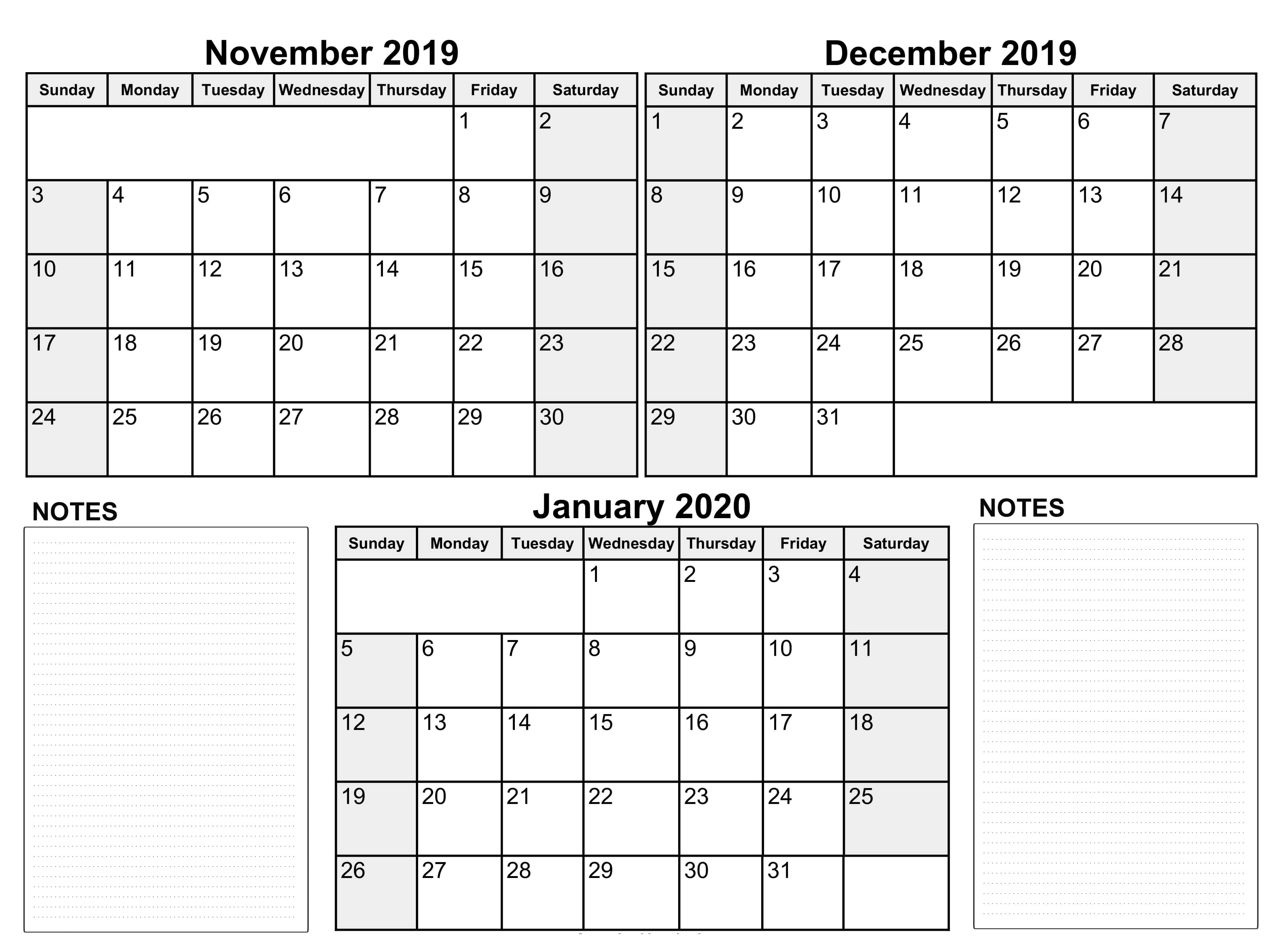 Blank November 2019 To January 2020 Calendar