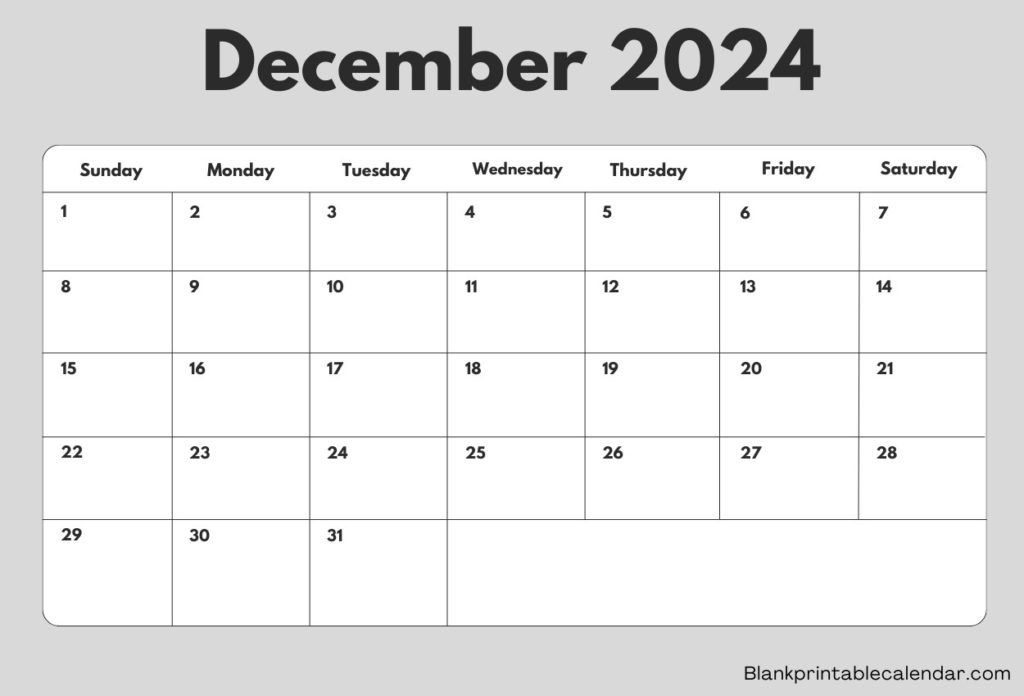 Free monthly December 2024 calendar template