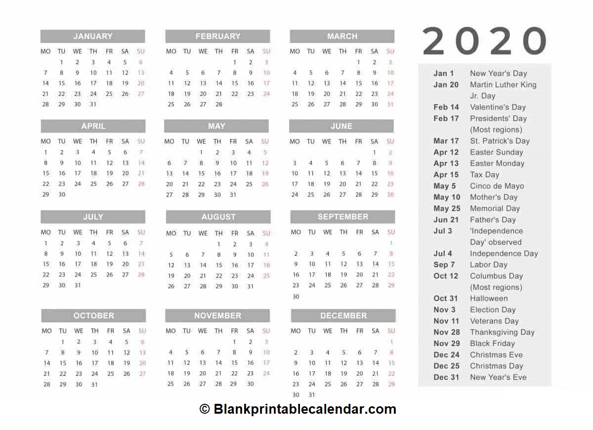 12 Month Calendar Printable 2020