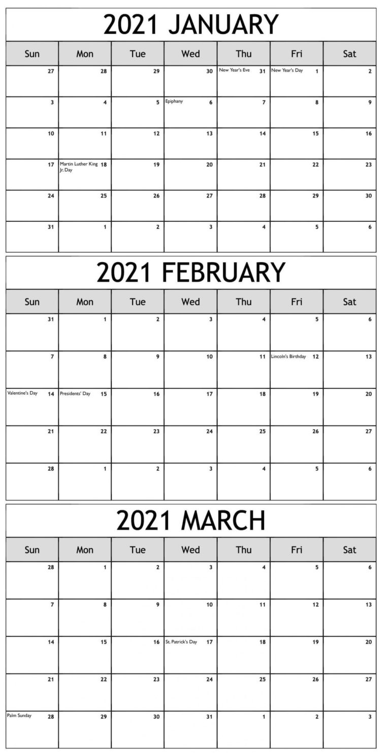 January February March 2021 Calendar Printable PDF Word Excel