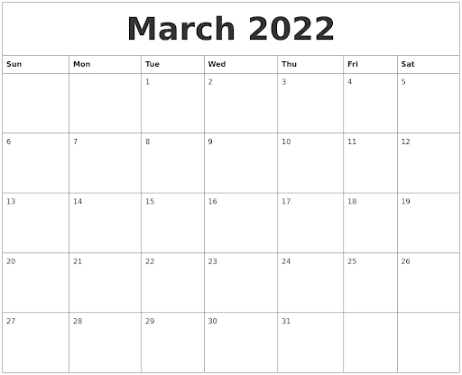 March 2022 Fillable Calendar