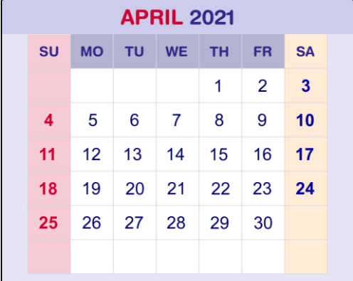 April 2021 Calendar Printable PDF
