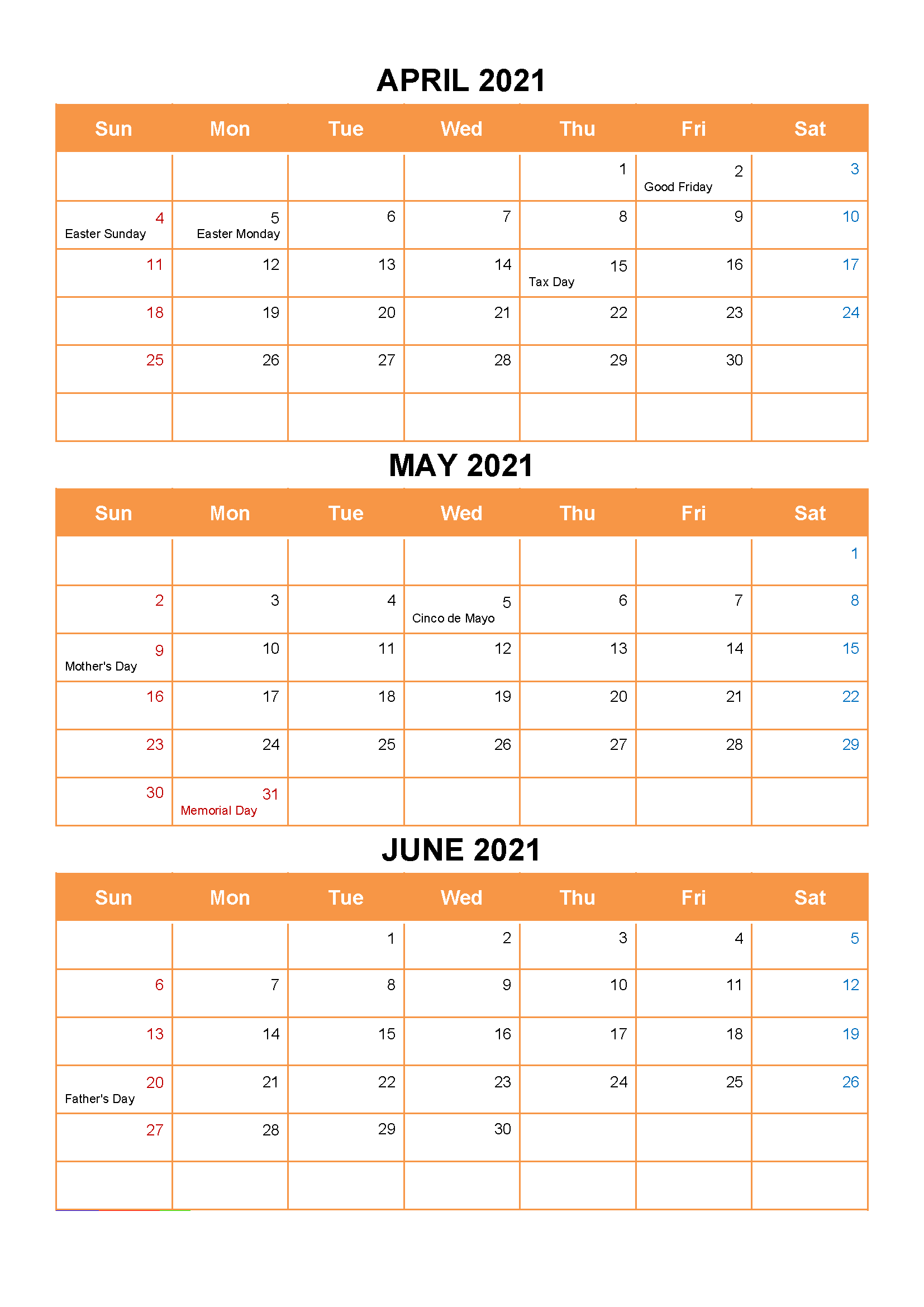 {Free} April May June 2021 Calendar Printable PDF Word Excel Template