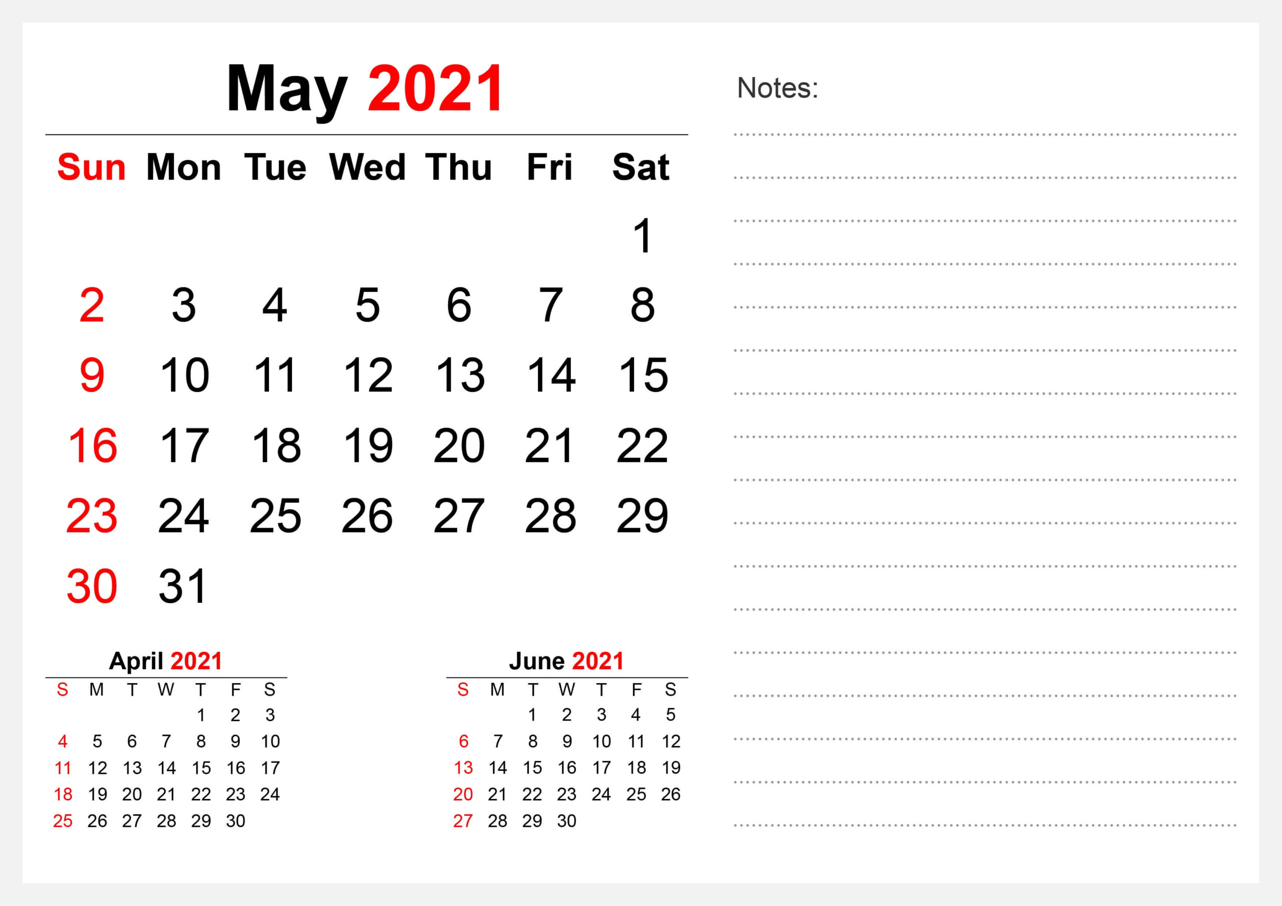 Editable May 2021 Calendar with Notes