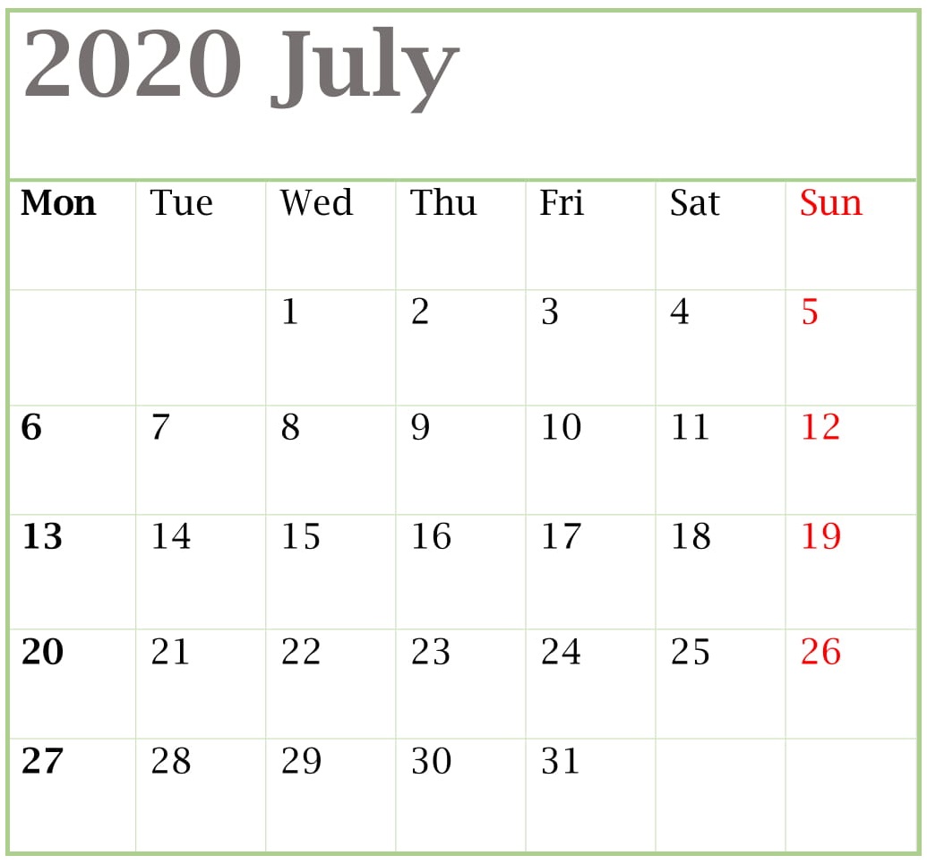 PDF Calendar July 2020 Blank Template