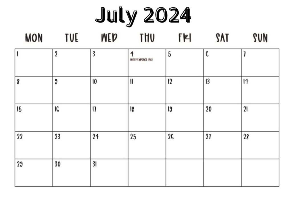 July 2024 blank Landscape calendar