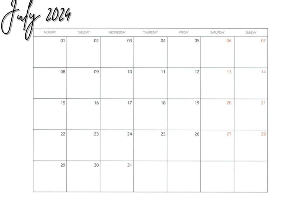 July 2024 calendar fillable