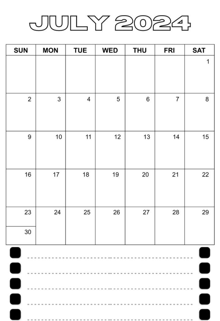 July 2024 simple notes Calendar