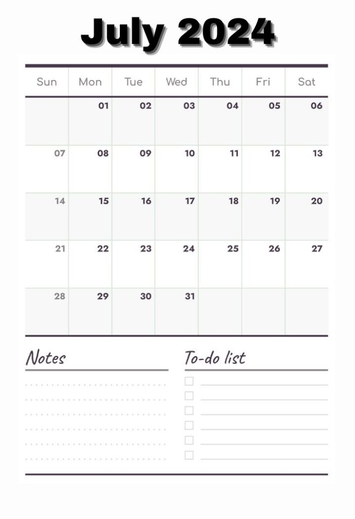 July 2024 to do list Calendar