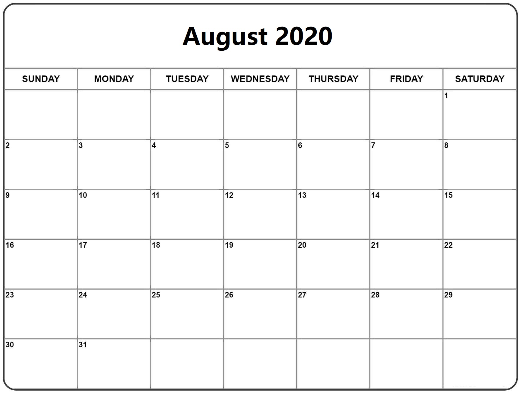 2020 Calendar August