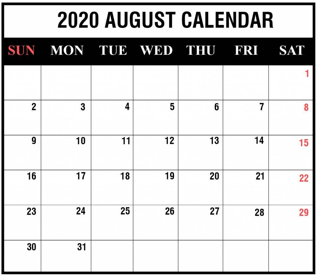 August 2020 Calendar PDF Black and White