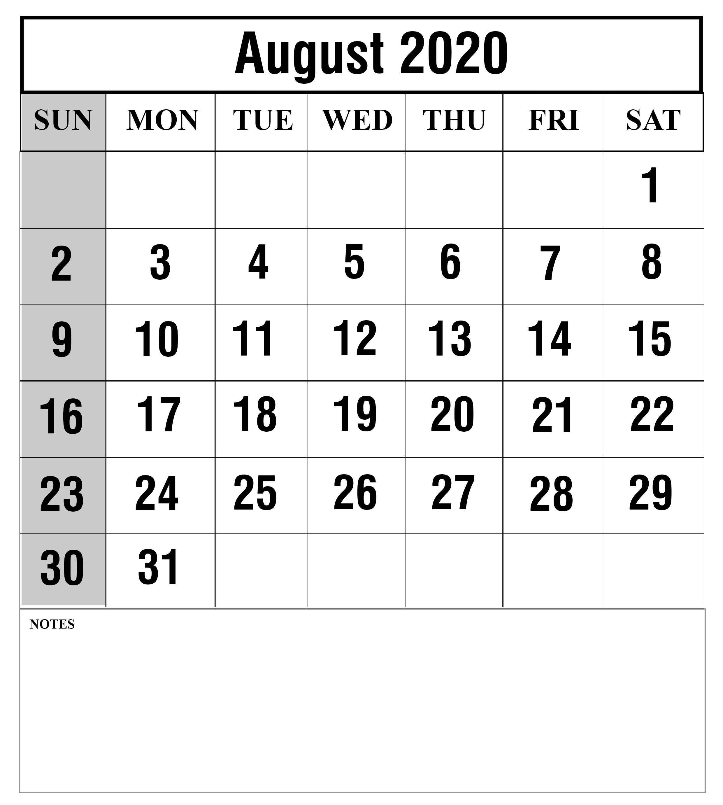 August 2020 Calendar Printable PDF