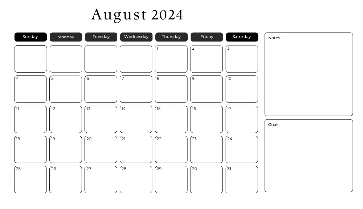August 2024 Calendar with Large Space Notes