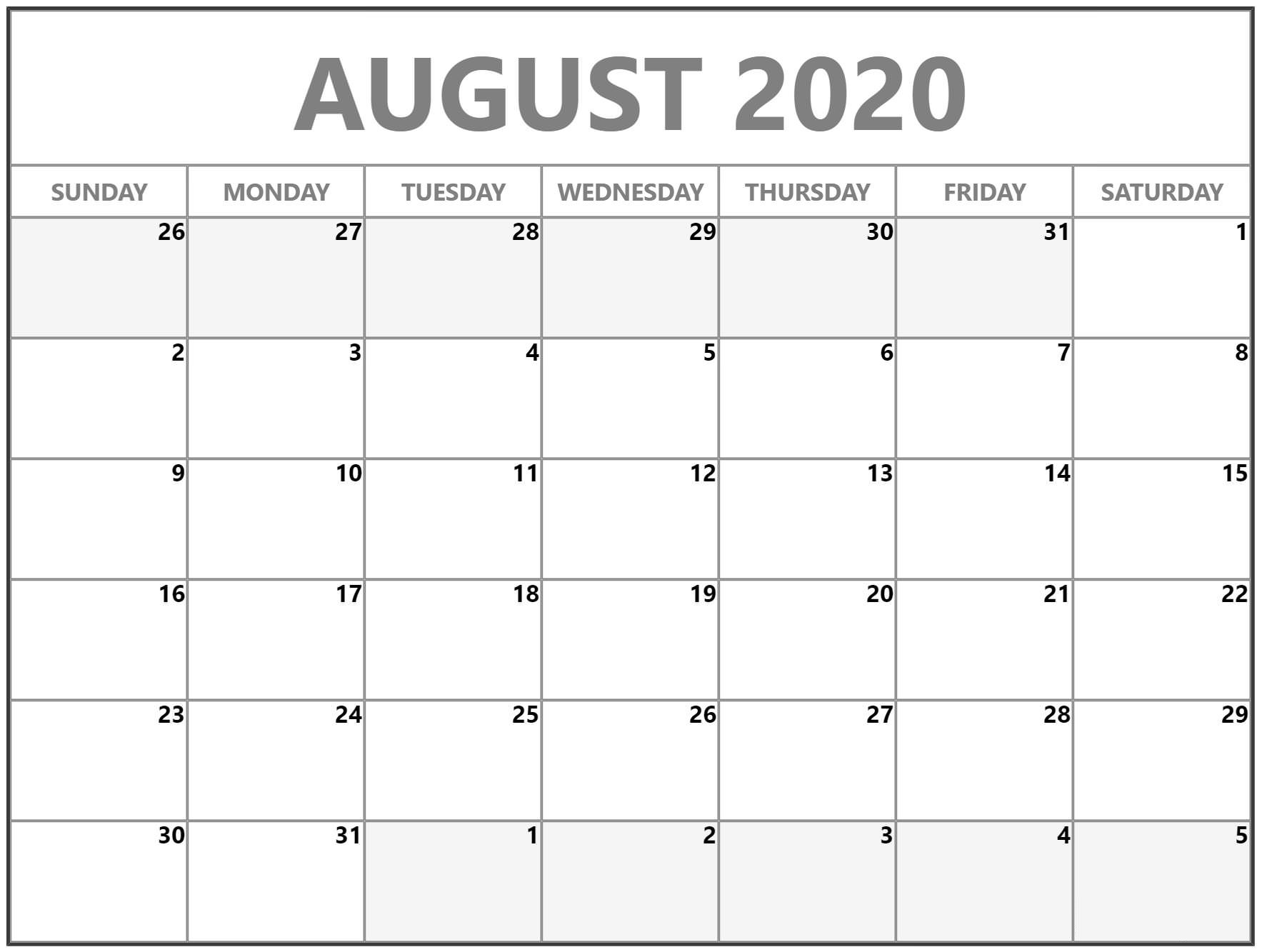 Free August 2020 Calendar Printable PDF