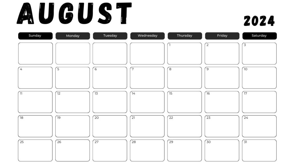 Free Monthly August 2024 Calendar Template