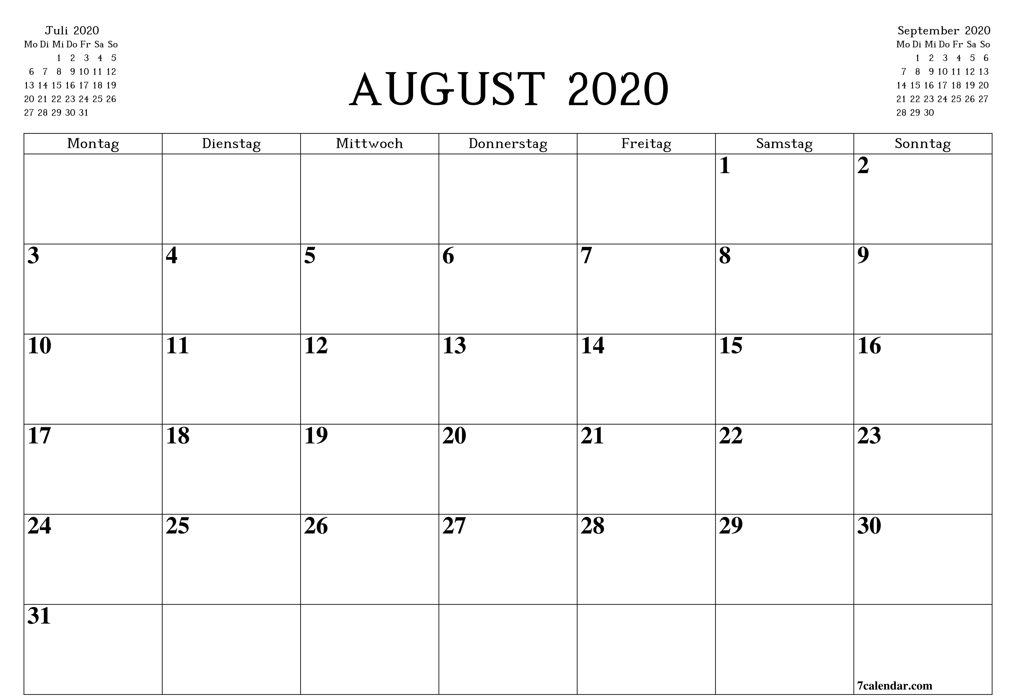 August 2020 Kalender schwarz und weiß