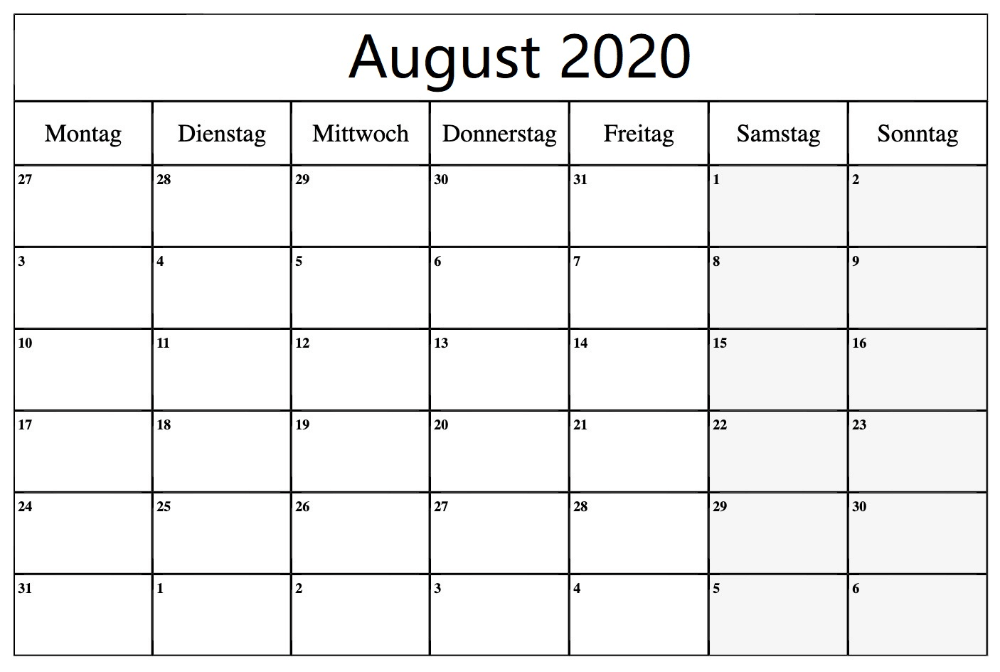 Druckbare Vorlage für Kalender August 2020