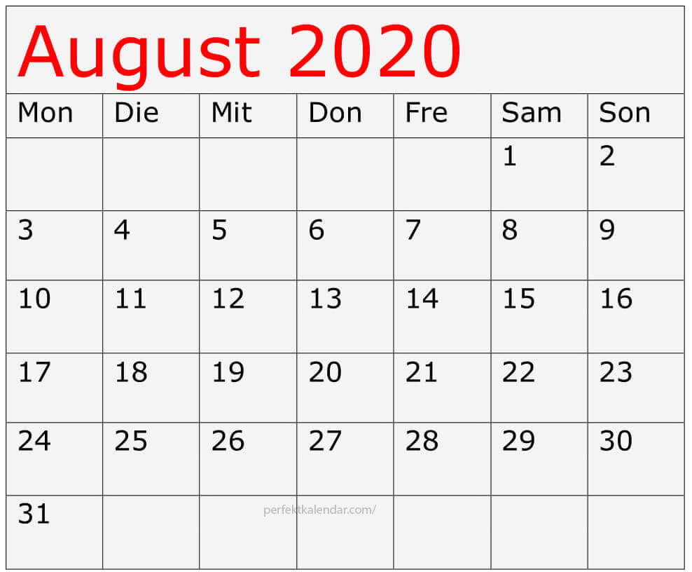 Kalender August 2020 Bilde