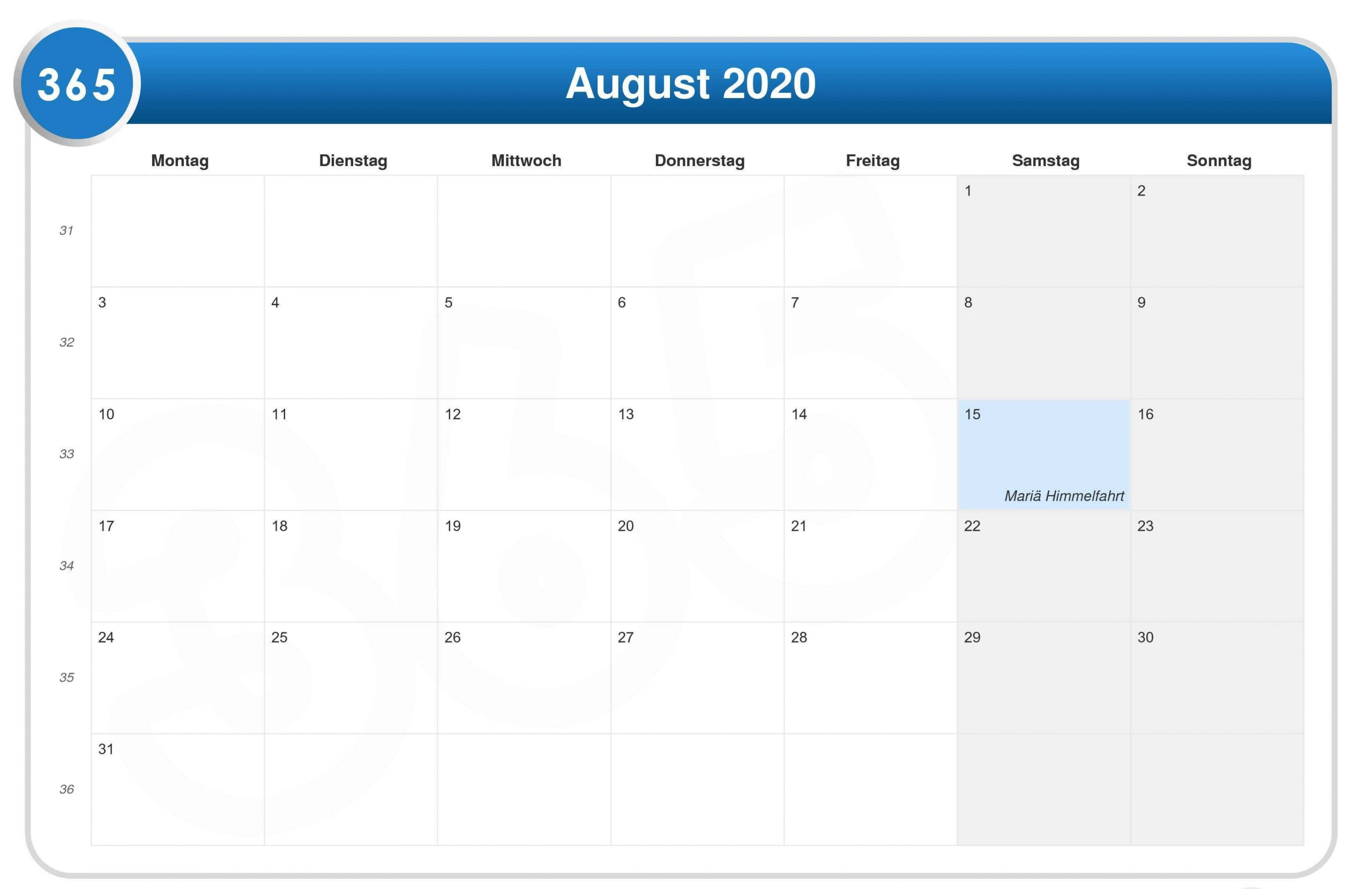 Kalender August 2020 Drucken