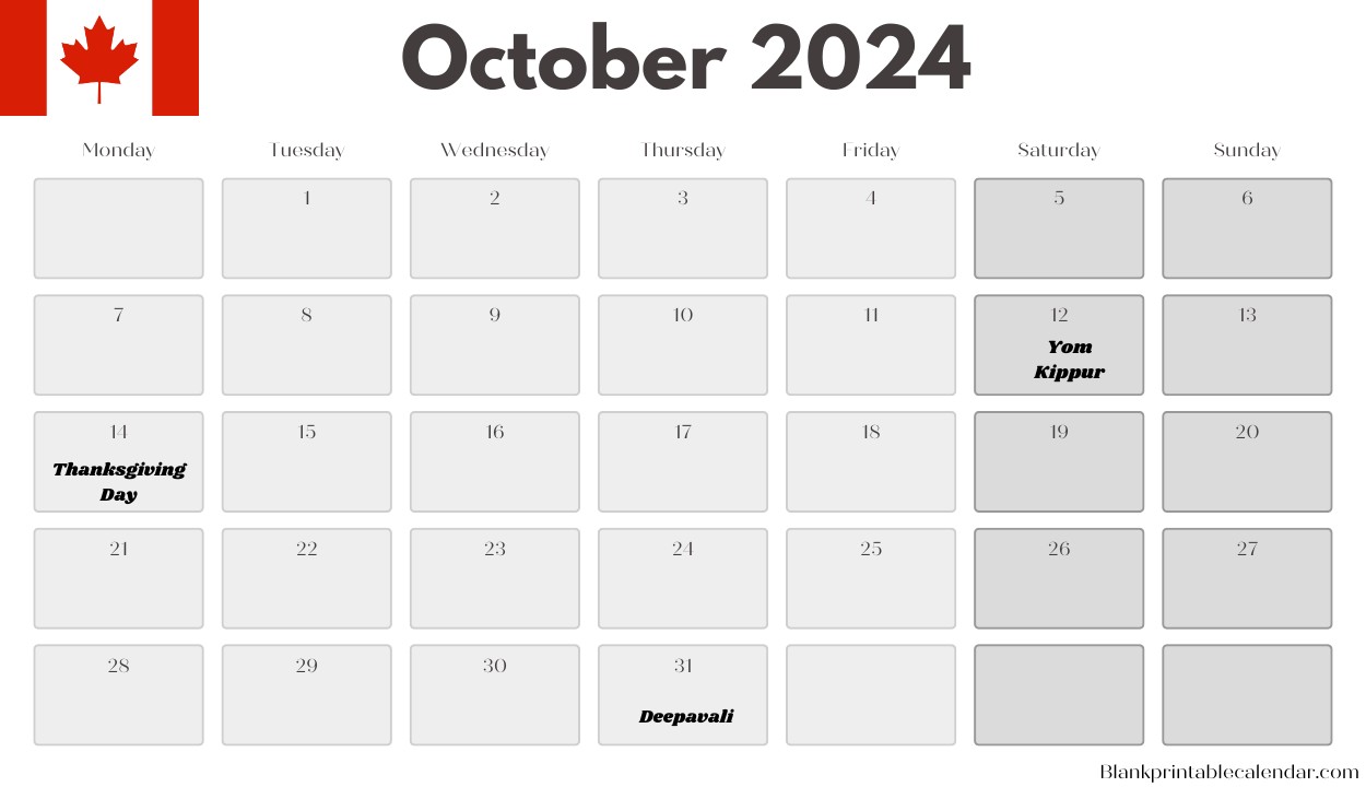 Canada Holiday Calendar of October 2024