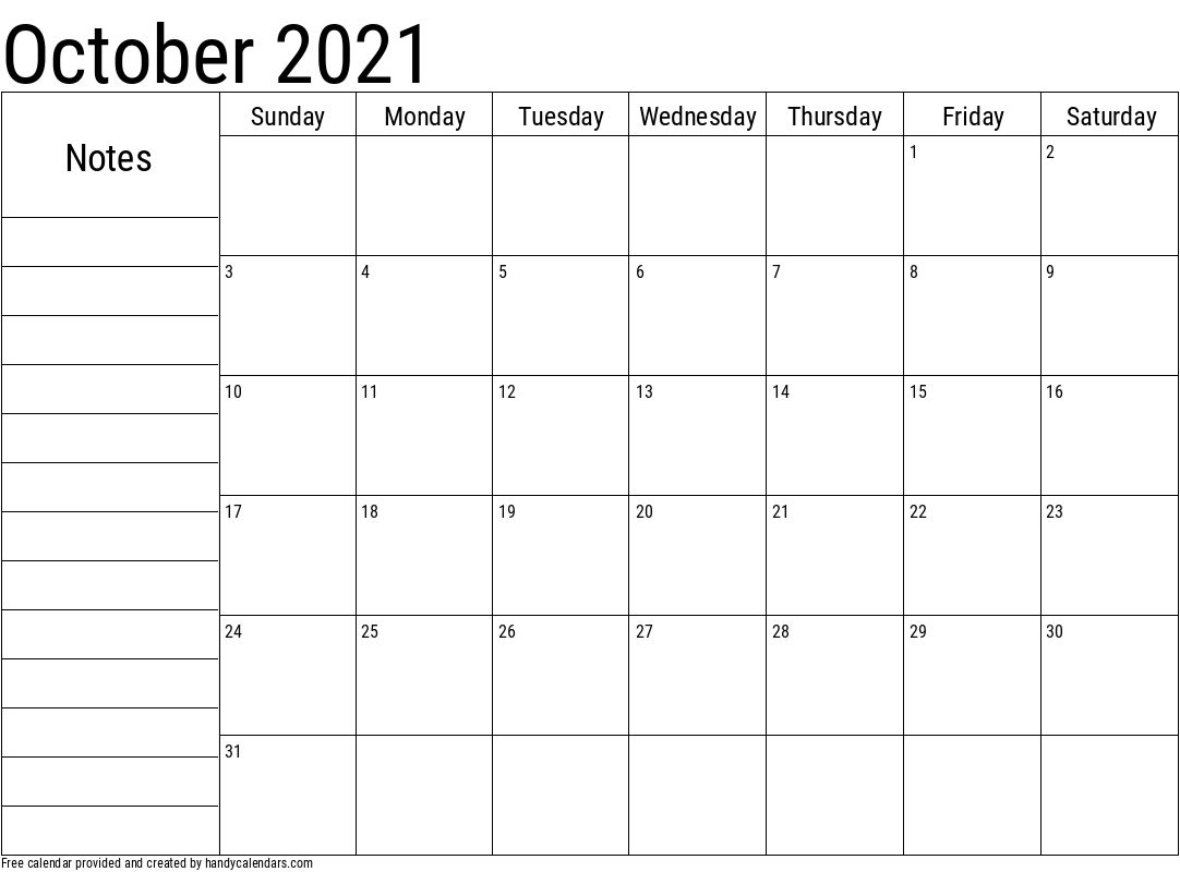 October 2021 Calendar with Notes