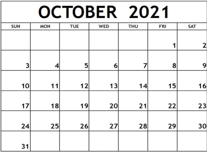 October 2021 printable calendar