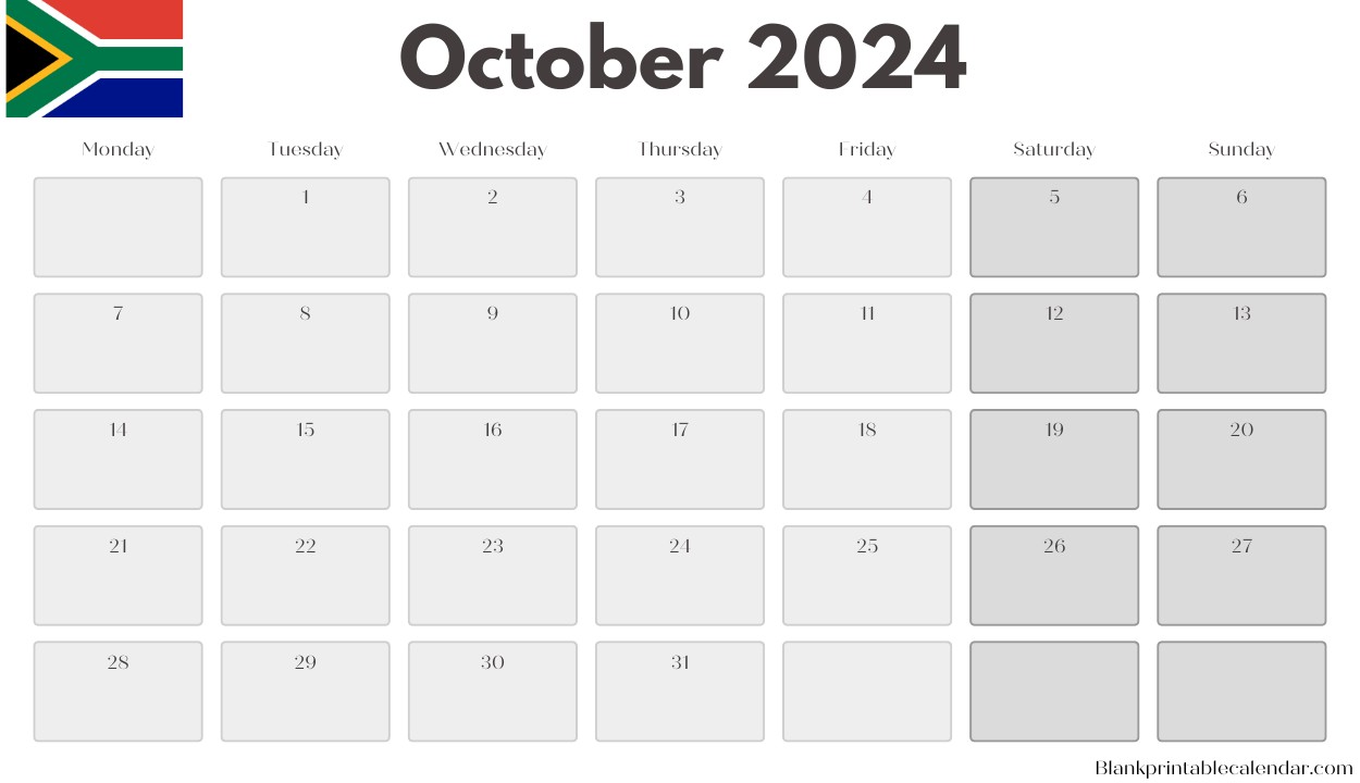 October 2024 South Africa Holiday Calendar PDF