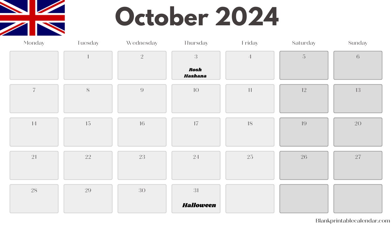 October 2024 UK Calendar Free