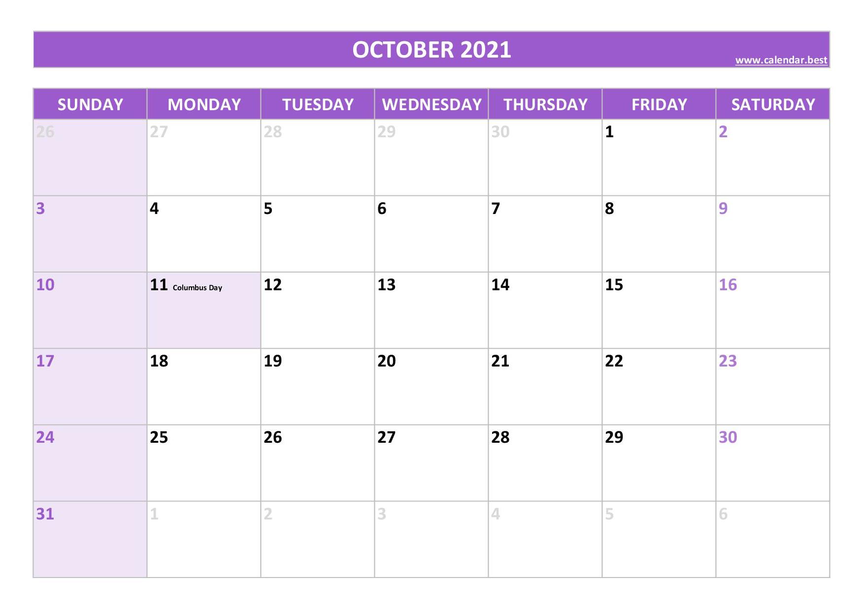Print October 2021 Calendar