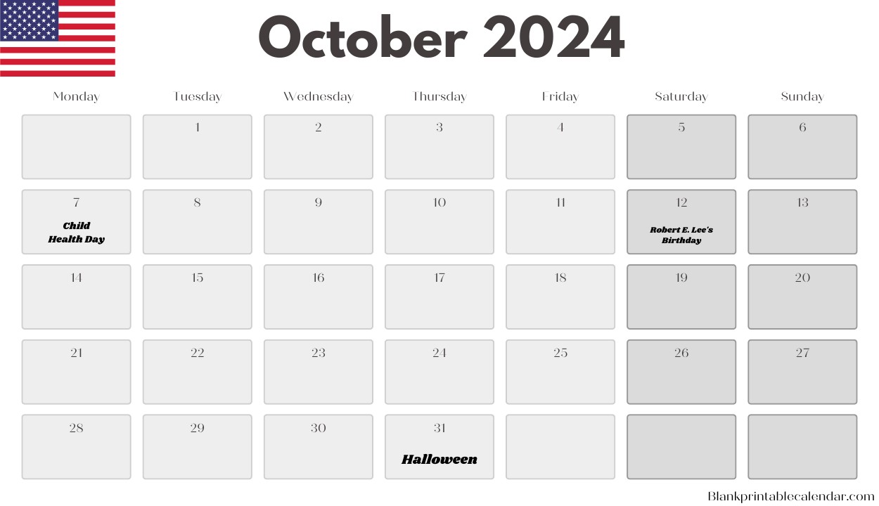 Printable October 2024 USA Calendar