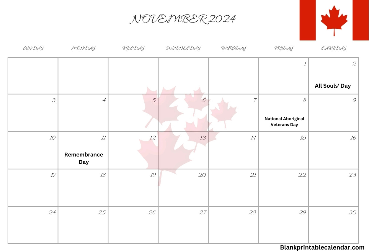 Canada Holiday Calendar of November 2024