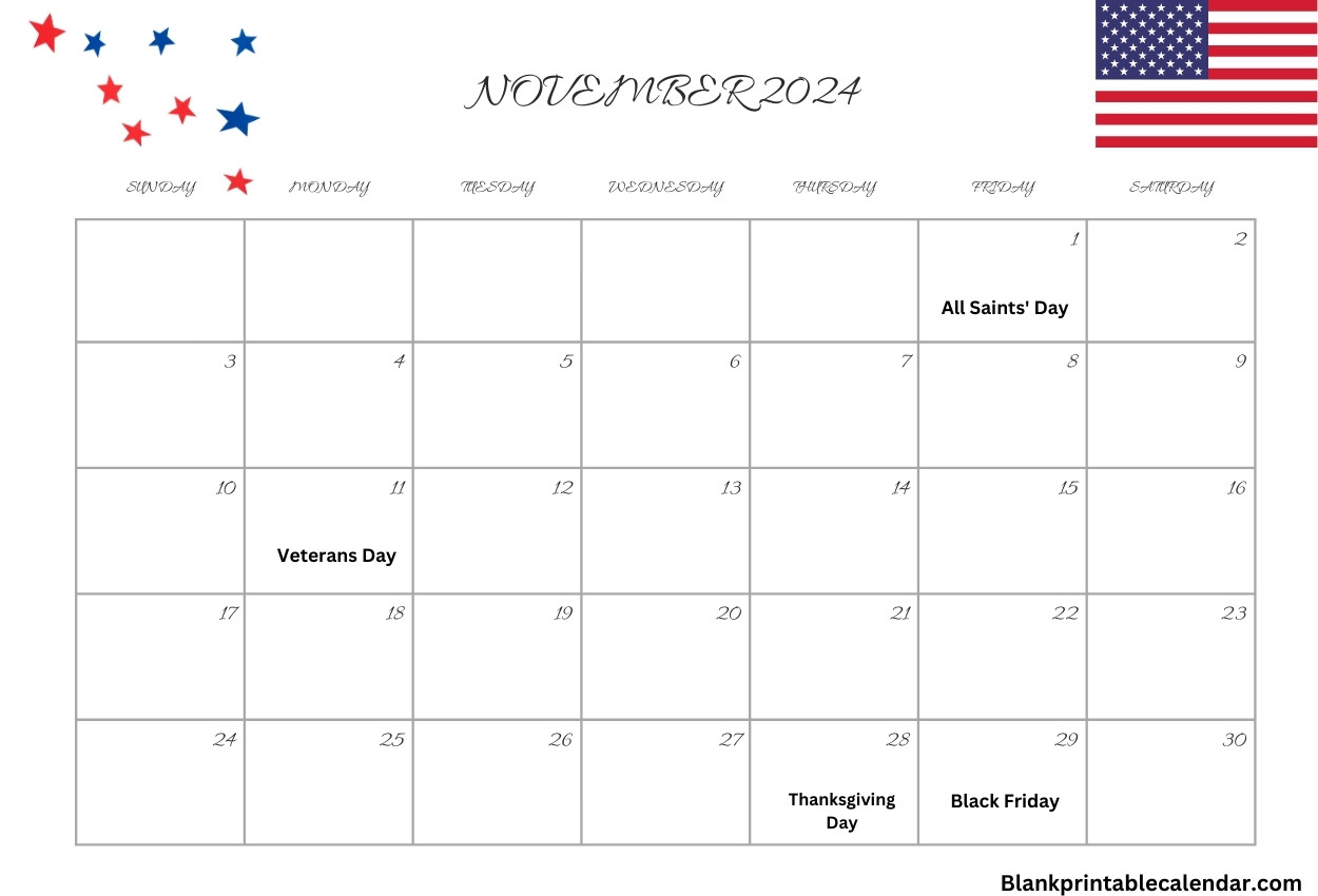 Printable November 2024 USA Calendar