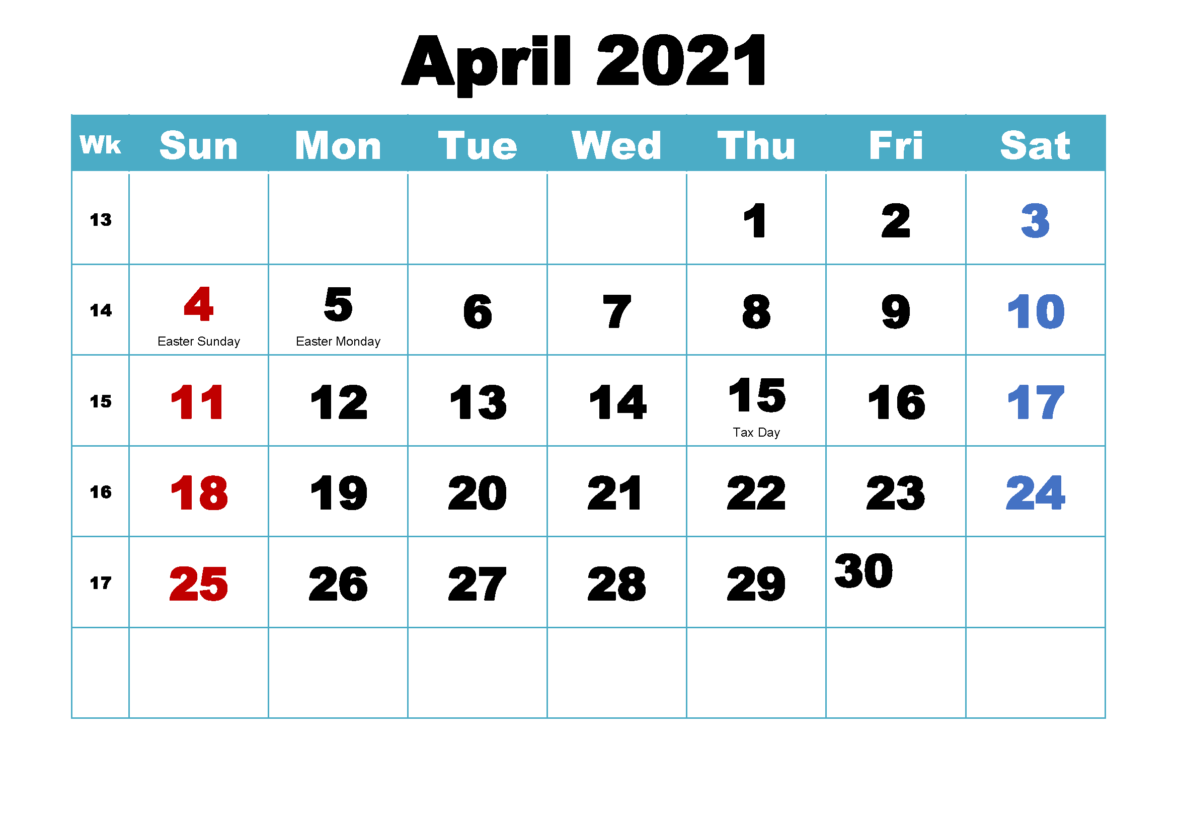 April Calendar 2021