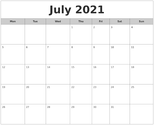 July 2021 Free Monthly Calendar