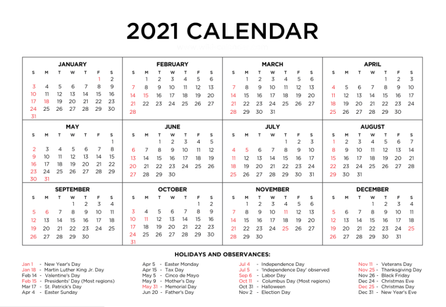 Yearly 2021 Calendar