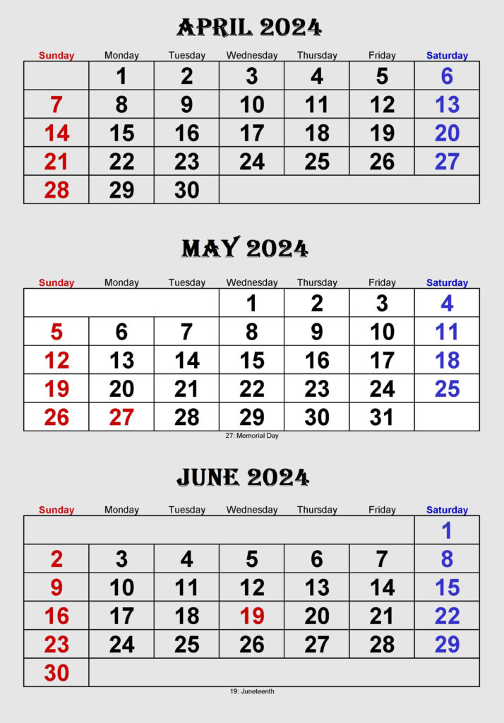 April May June 2024 Calendar Word
