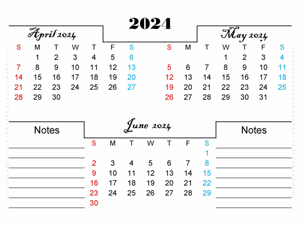 April May June 2024 Editable Calendar