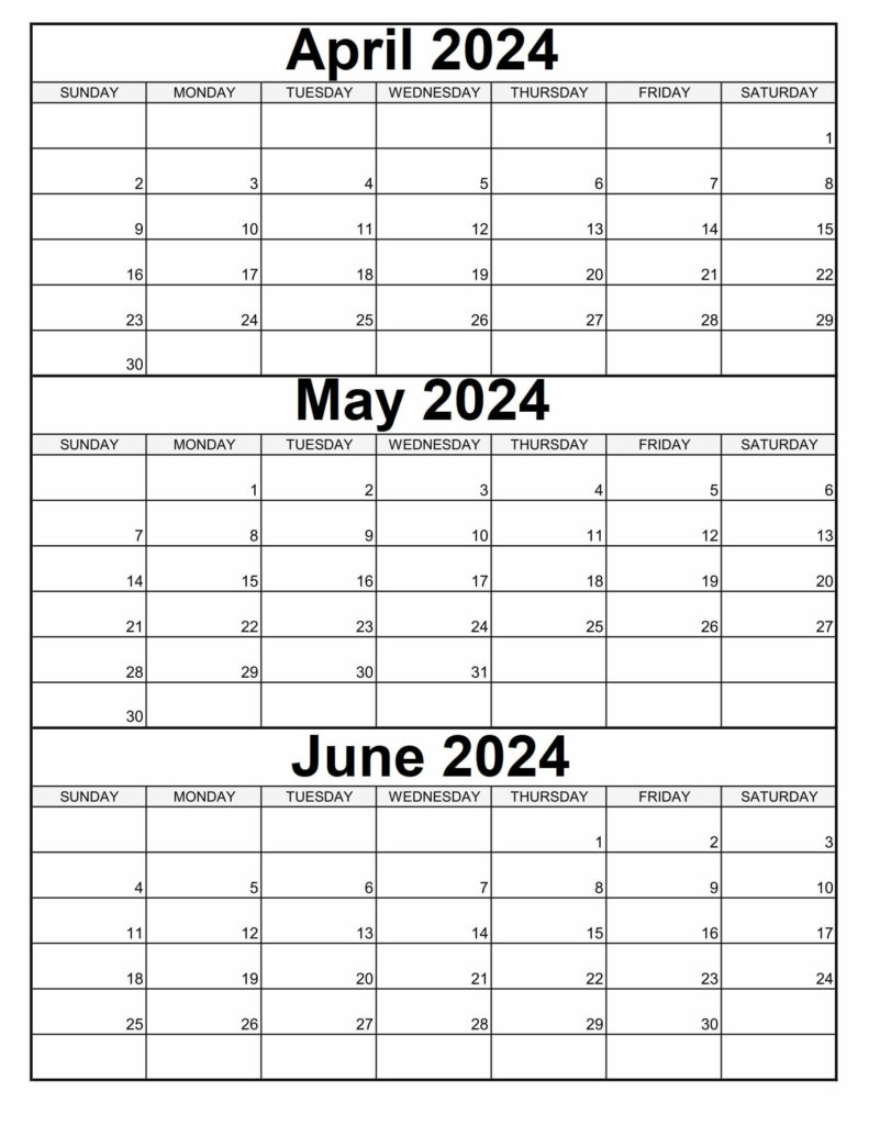 April May June 2024 Portrait Calendar