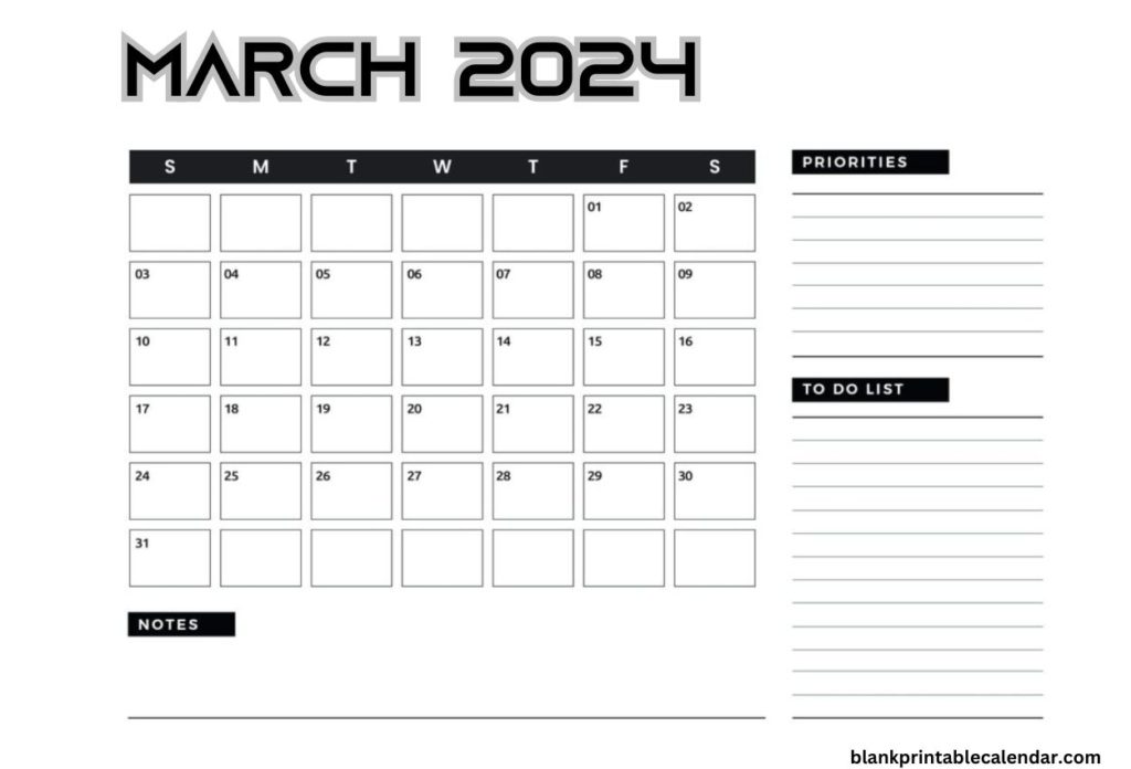 Blank March 2024 Blank Do To List Calendar