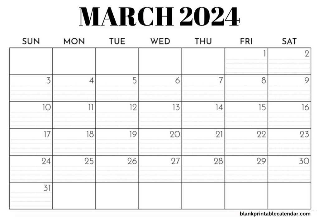 Blank March 2024 Landscape Calendar