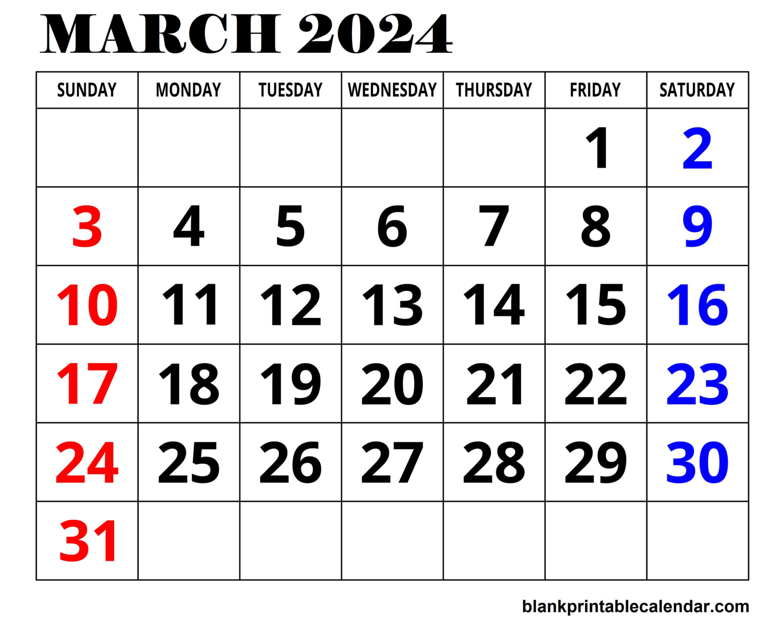 Download Printable March 2024 Calendar
