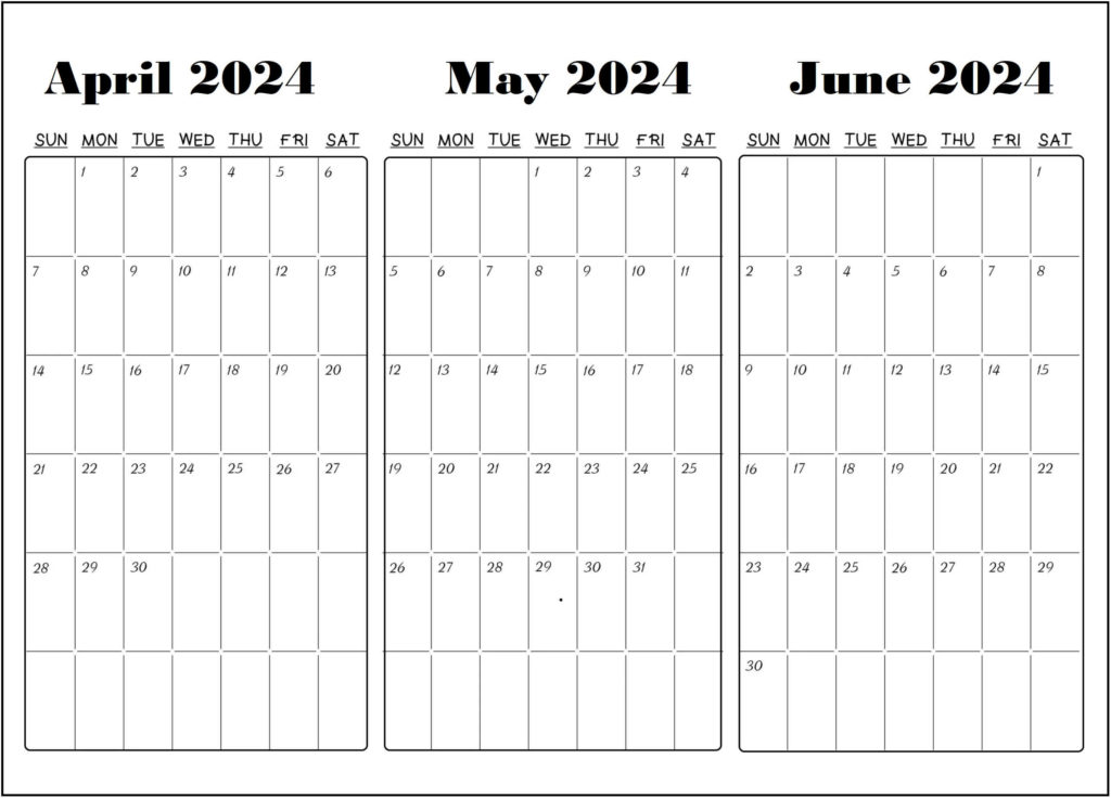 Fillable April May June 2024 Calendar Template