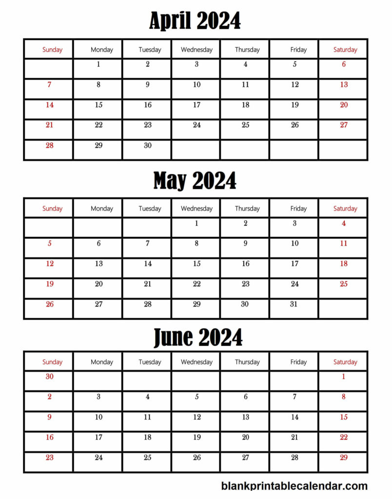 Free 2024 April May June Blank Calendar