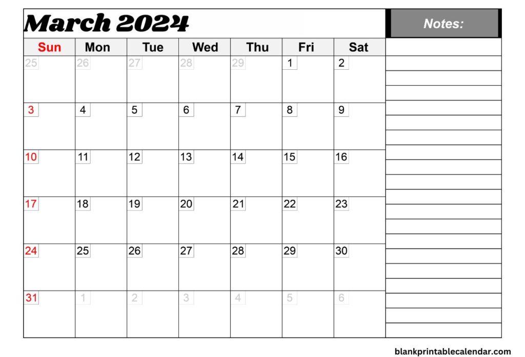 March 2024 Blank Calendar With note