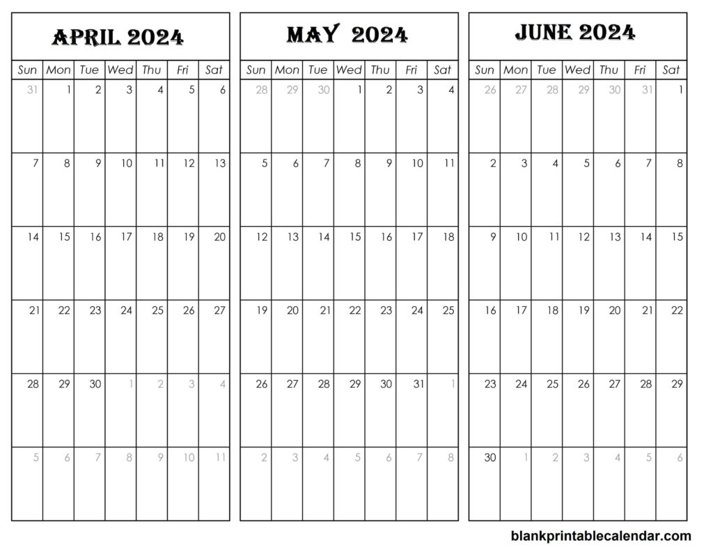 Printable 2024 April May June Landscape Calendar