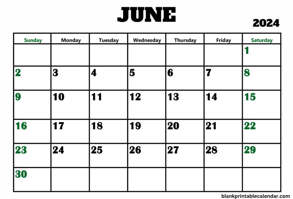 2024 June Monday to Sunday calendar