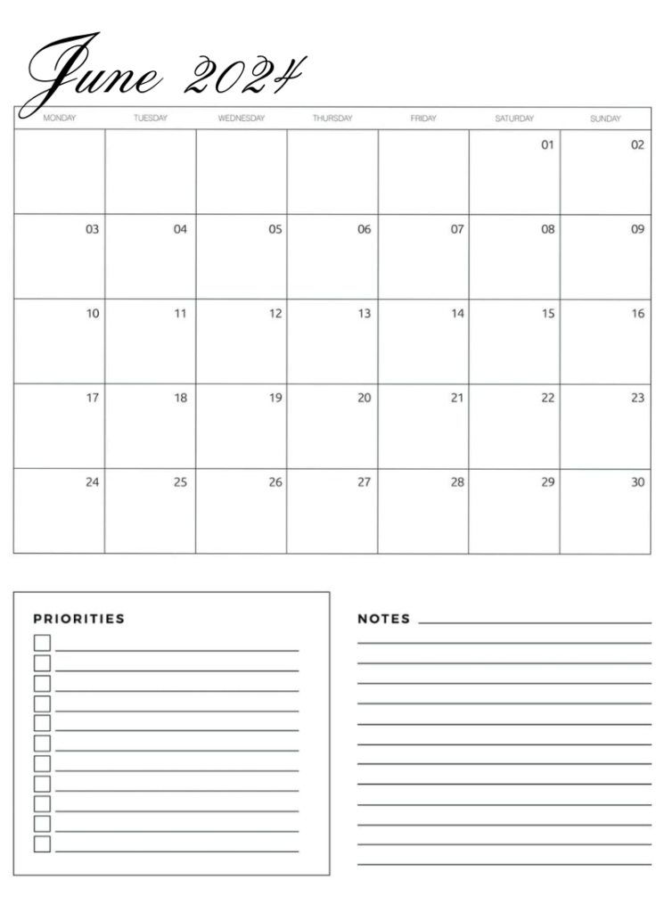 June 2024 simple notes Calendar