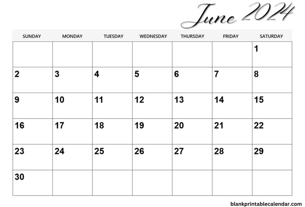 Printable June 2024 blank template calendar