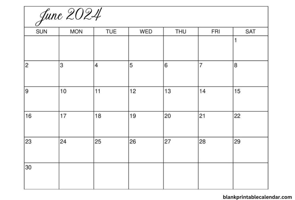 free monthly 2024 June Calendar