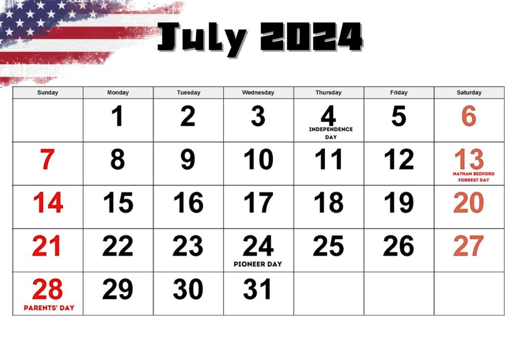 July 2024 Monday Start USA Calendar